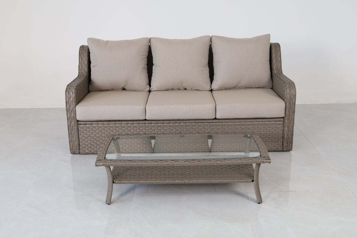 Premium 4-Piece Outdoor Rattan Sofa and Glass-Top Coffee Table Set – 3-Seater Patio Couch with Ultra-Plush Beige Cushions