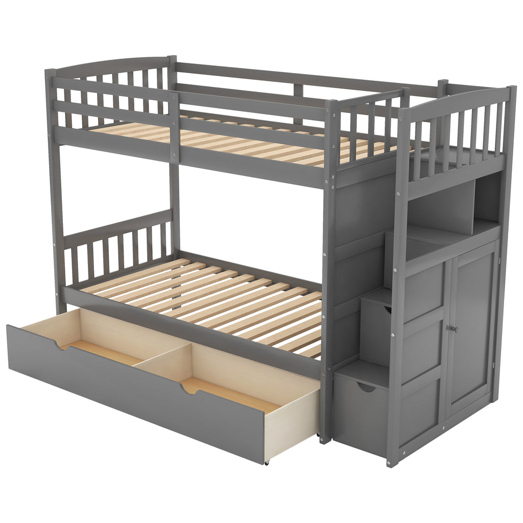 Bryson Twin over Full/Twin Convertible Bunk Bed with Storage Shelves and Drawers, Grey