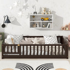 Twin Size Floor Bed with Fence and Door,Rubber Wood Floor Bed with Safety Guardrails,Espresso