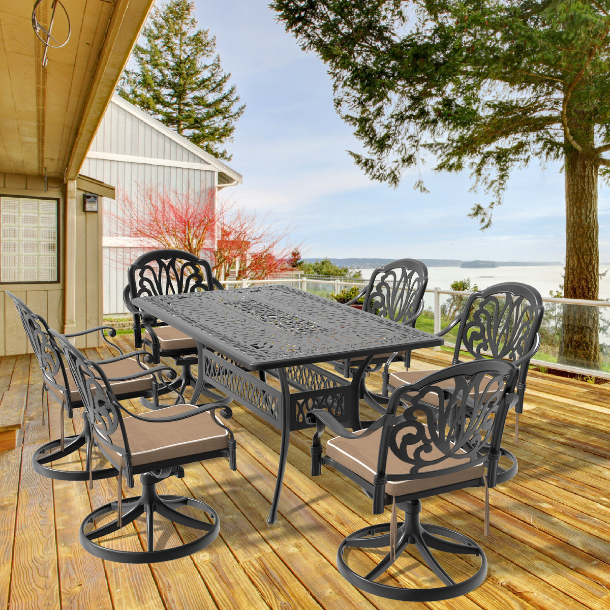 7-Piece All-Weather Cast Aluminum Dining Set, Include 6 Swivel Chairs and Rectangular Table With Black Frame (same sku:W1710S00453)