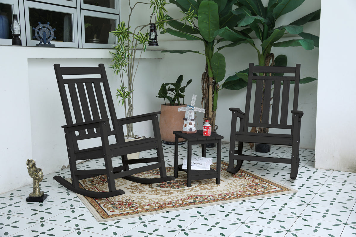 All Weather Rocking Chair Set with Side Table, 3-Piece Rocking Chair Set with Wood-Texture , Grey(includes 2 Rocking Chairs and 1 Table)