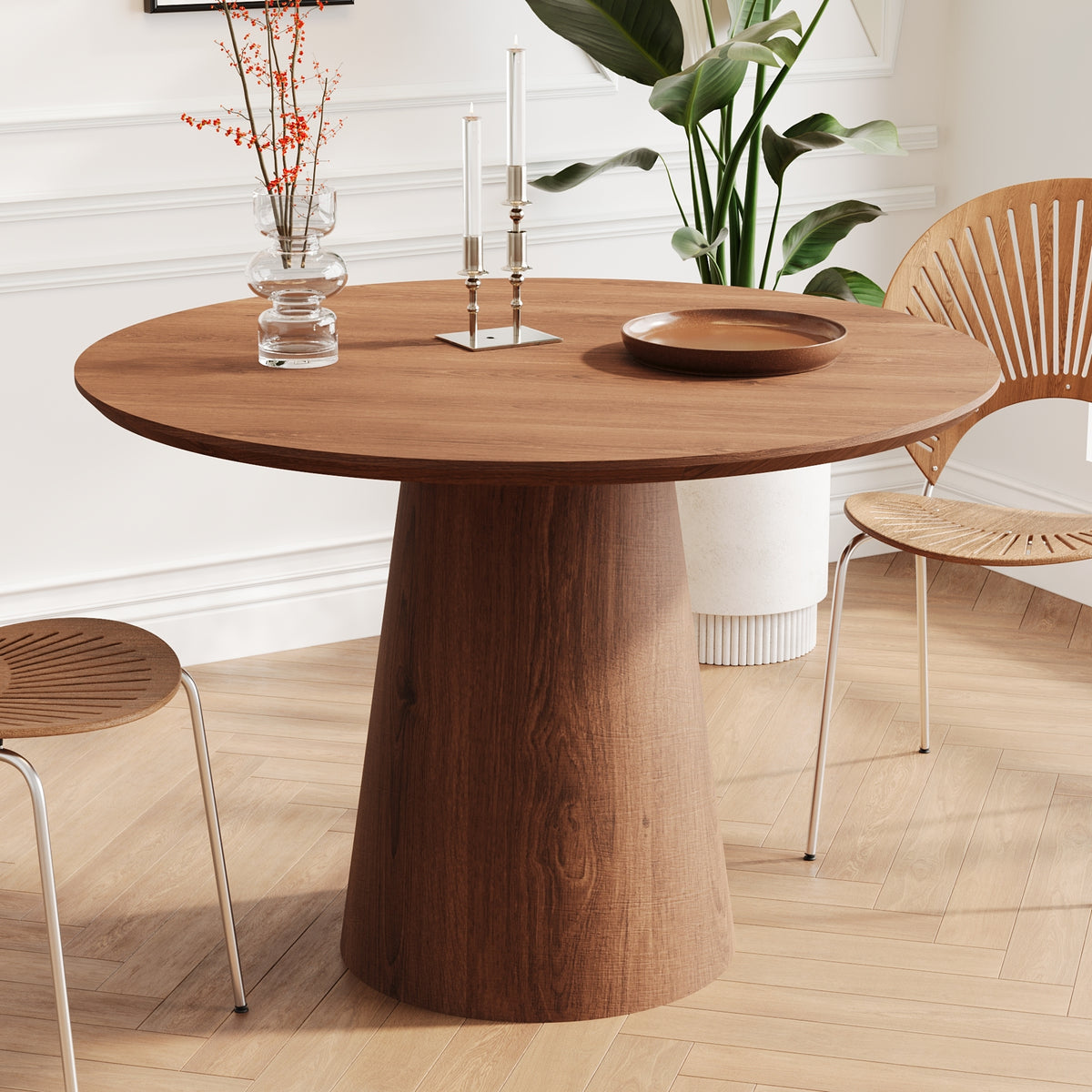 43 inch circular dining table, modern minimalist round table, MDF grain dining table, one handle and two packs