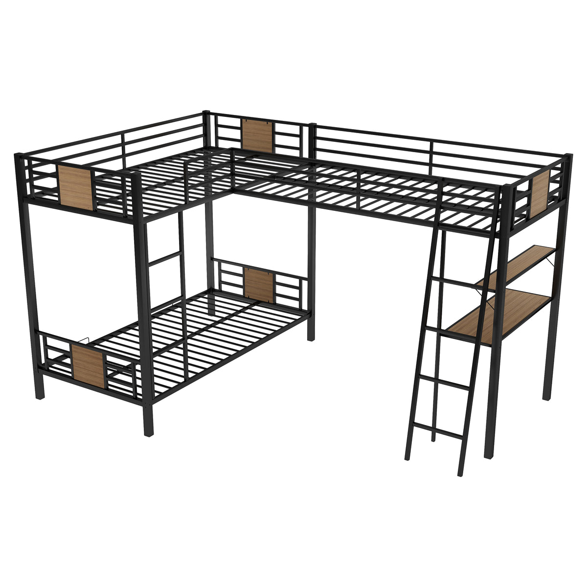L-Shaped Twin over Twin Bunk Bed with Twin Size Loft Bed, Brown