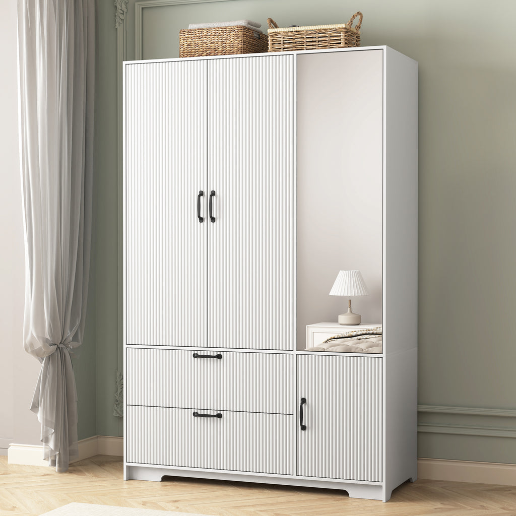 4 Doors Wardrobe Closet with Mirror, LED Wardrobe with Doors and 2 Drawers, Wooden Wardrobe Storage Cabinet with Hanging Rod, Adjustable Shelves, White