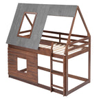 Hearth & Haven Bunk Twin Bed with House Roof, Ladder and 2 Windows, Oak and Smoky Grey