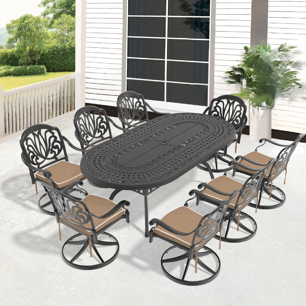 9-Piece All-Weather Cast Aluminum Dining Set, Include 8 Swivel Chairs and Oval Table With Black Frame (same sku:W1710S00469 , W1710S00288)
