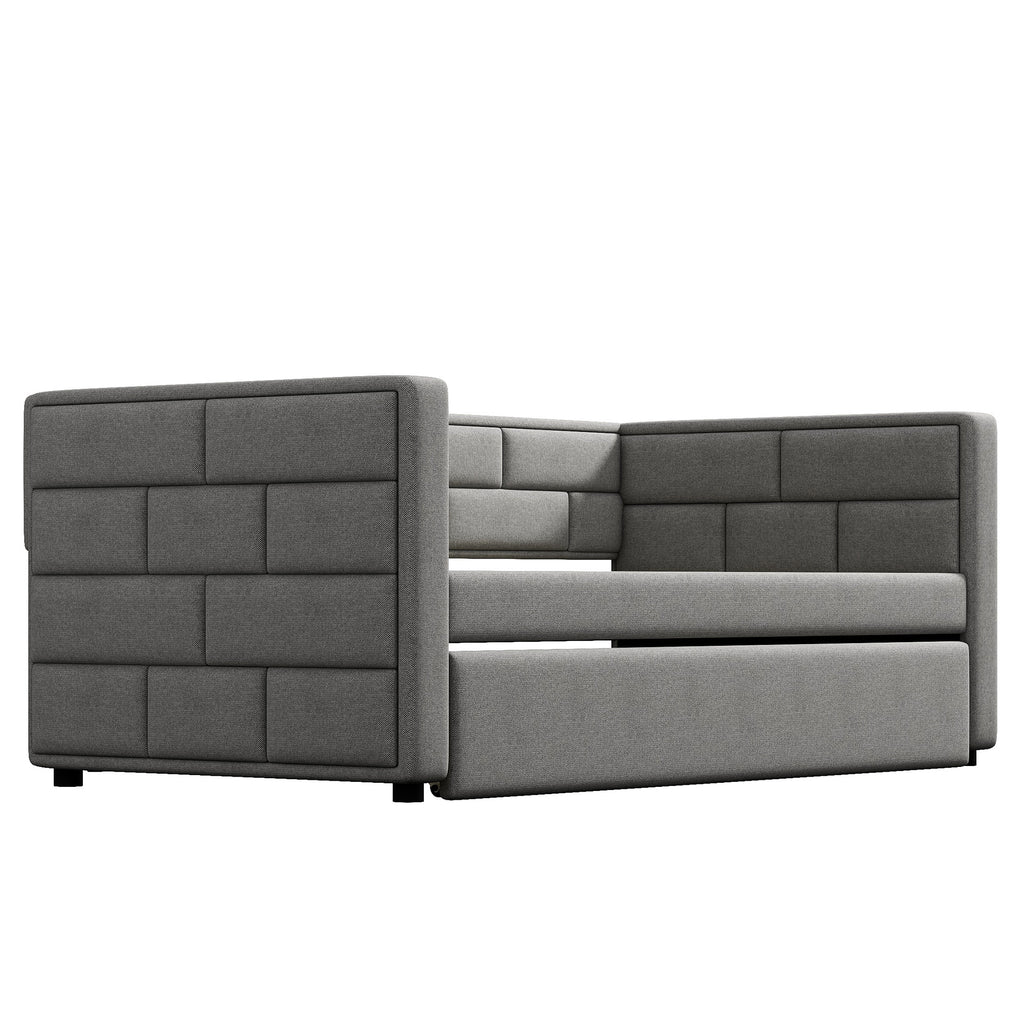 Gray Upholstered Twin Size Daybed with Trundle, Padded Back and Sides, Fabric Frame, 81.5L x 42.5W x 33.4H