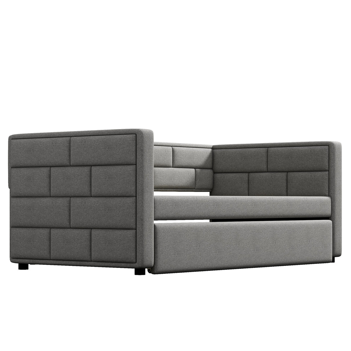 Gray Upholstered Twin Size Daybed with Trundle, Padded Back and Sides, Fabric Frame, 81.5L x 42.5W x 33.4H
