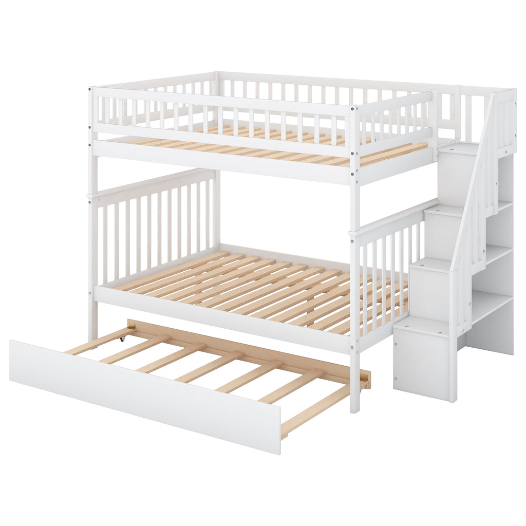 White Full Over Full Bunk Bed with Trundle and Staircase, Solid Pine Wood and MDF, 92.9''L x 57.9''W x 65.7''H
