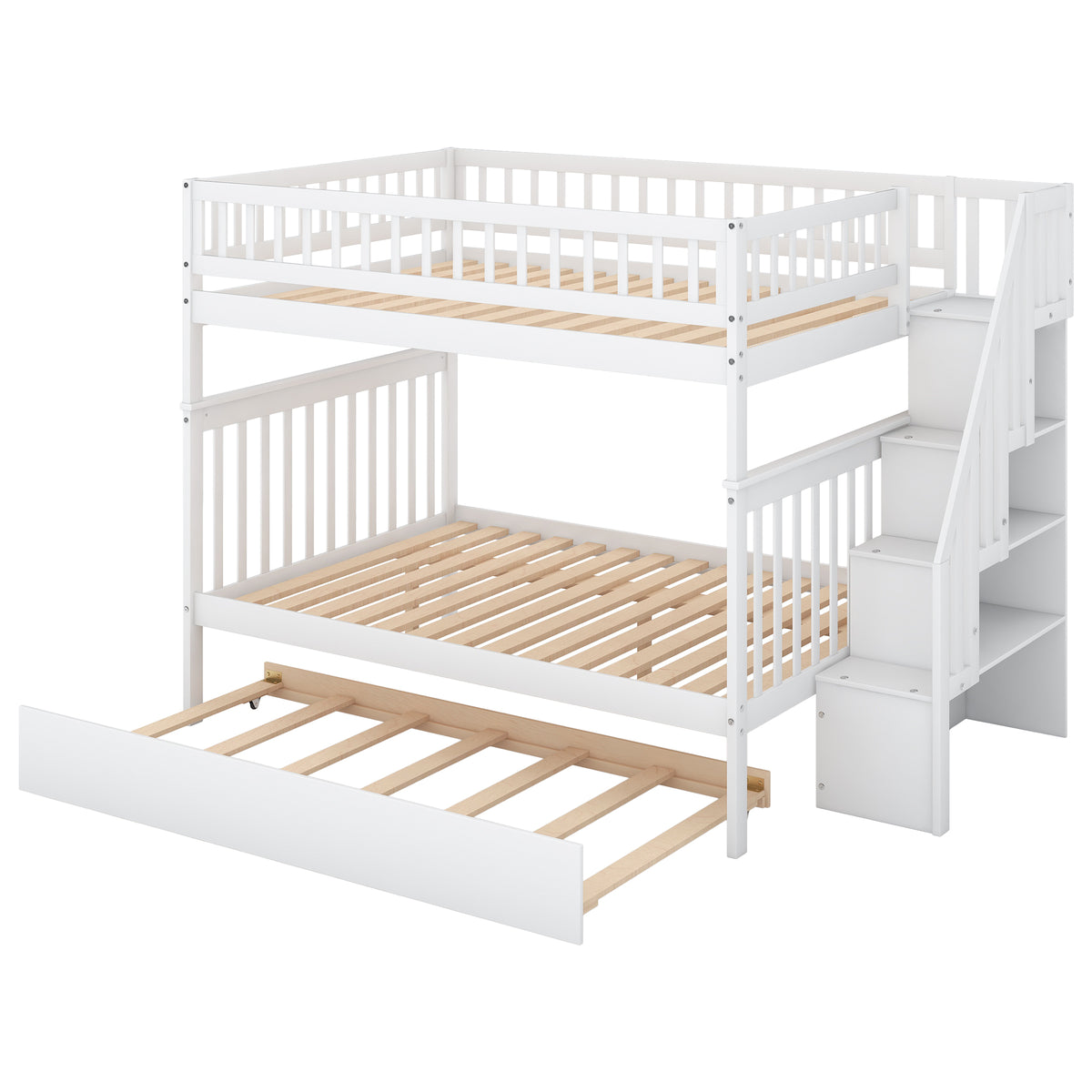 White Full Over Full Bunk Bed with Trundle and Staircase, Solid Pine Wood and MDF, 92.9''L x 57.9''W x 65.7''H