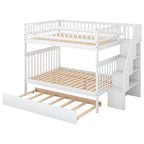 White Full Over Full Bunk Bed with Trundle and Staircase, Solid Pine Wood and MDF, 92.9''L x 57.9''W x 65.7''H