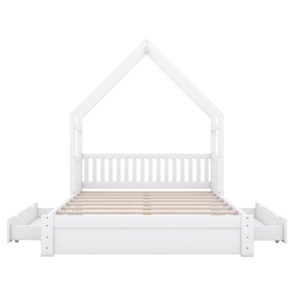 White House-Style Queen Size Platform Bed with Guardrail and 2 Drawers, Pine Wood + MDF