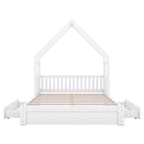 White House-Style Queen Size Platform Bed with Guardrail and 2 Drawers, Pine Wood + MDF