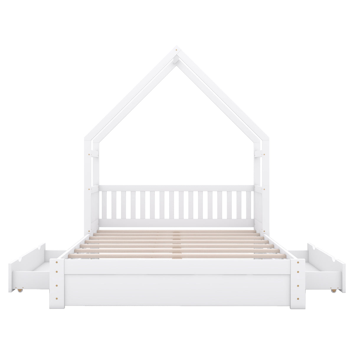 White House-Style Queen Size Platform Bed with Guardrail and 2 Drawers, Pine Wood + MDF