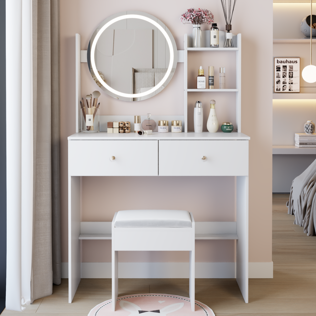 17' Round LED Mirror Vanity Table + Soft Cushion Stool Suit, Large Mirror, Touch Switch, 3 colors, Adjustable Brightness, Large Desktop, Multi-layer High Capacity Storage, Suitable For Small Space
