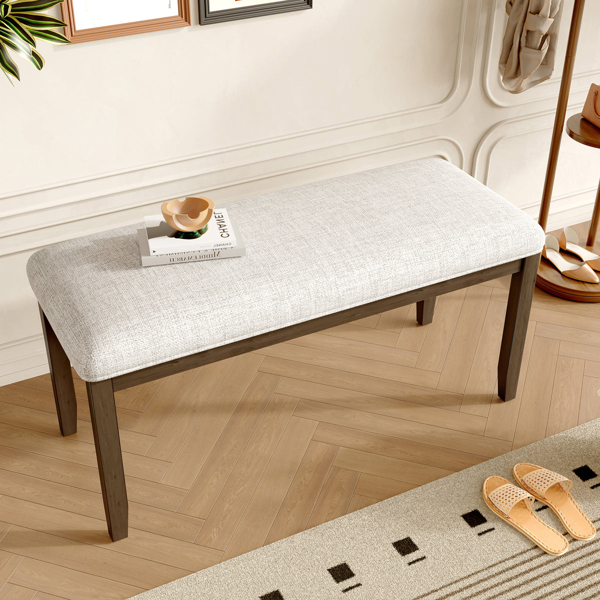Upholstered Bench for Bedroom End of Bed,38-inch Entryway Bench for Living Room,Dining Bench with Padded Seat and Solid Wood Leg for Kitchen Bedroom,Indoor and Hallway (Bench, Beige+Brown)