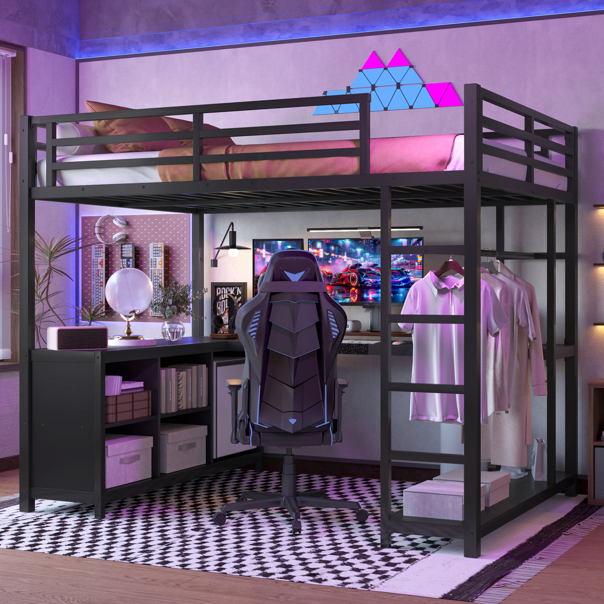 Metal Loft Bed with Wardrobe and L-shaped Desk, Full Size Loft Bed with Storage Cubes and Shelves, Loft Bed for Kids Teens Adults, Black