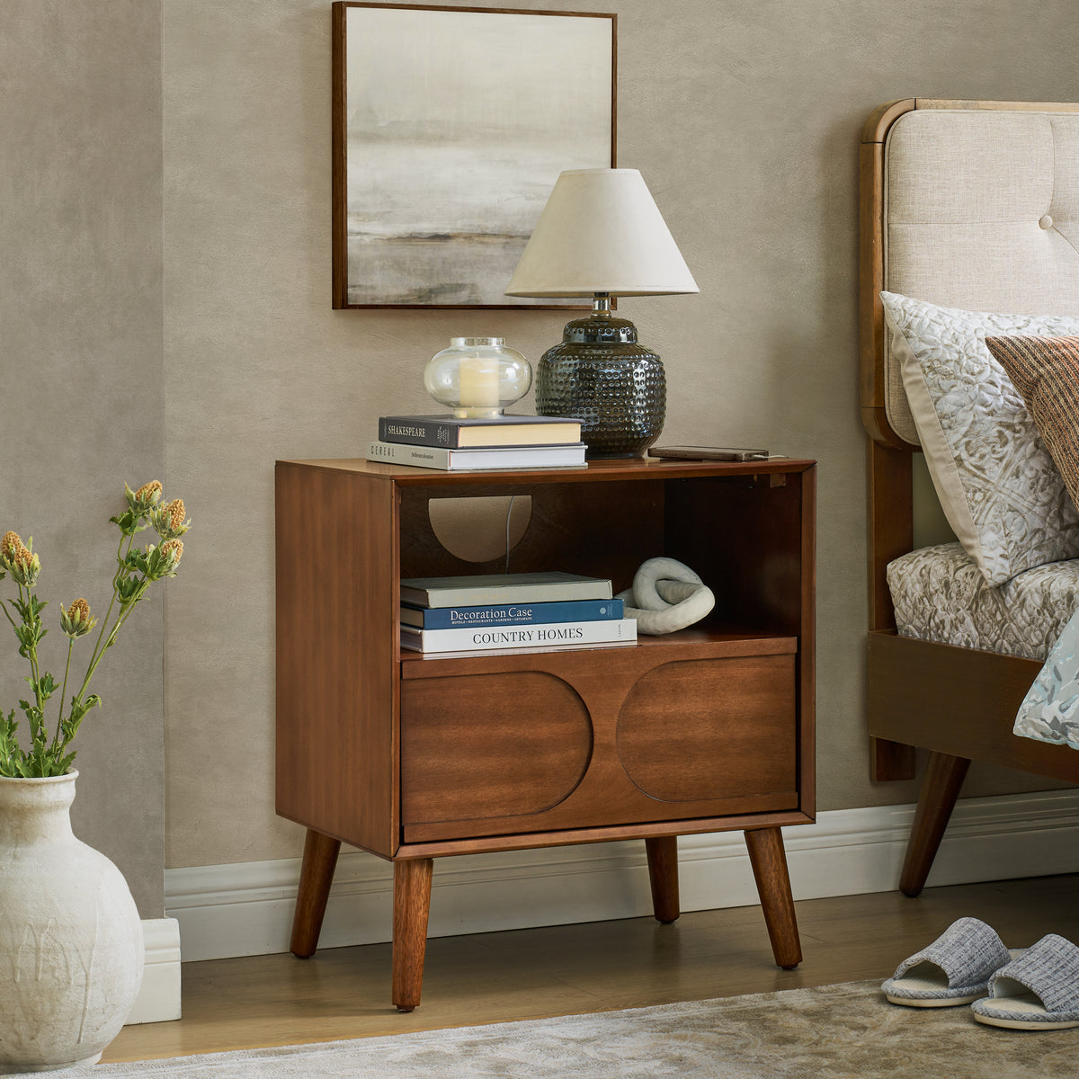 Mid Century Modern Fluted Nightstand with Charging Station USB Ports & Outlet Hole & 4 Solid Wood Legs, Farmhouse End Table with Open Space and Drawer Dresser, Walnut