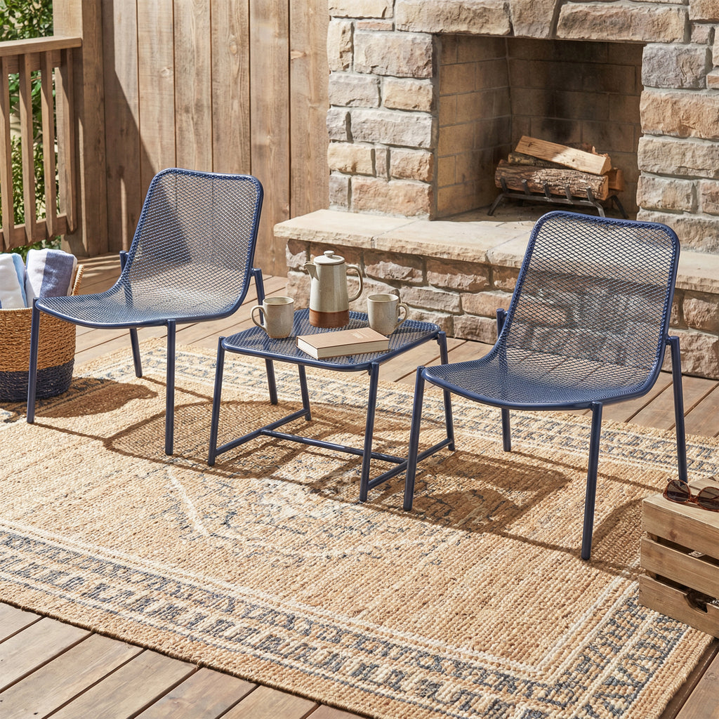 Kincaid Outdoor 3-Piece Conversation Set with IRON Frame - 2 Mesh Chairs & 1 Side Table, Matter Navy Blue