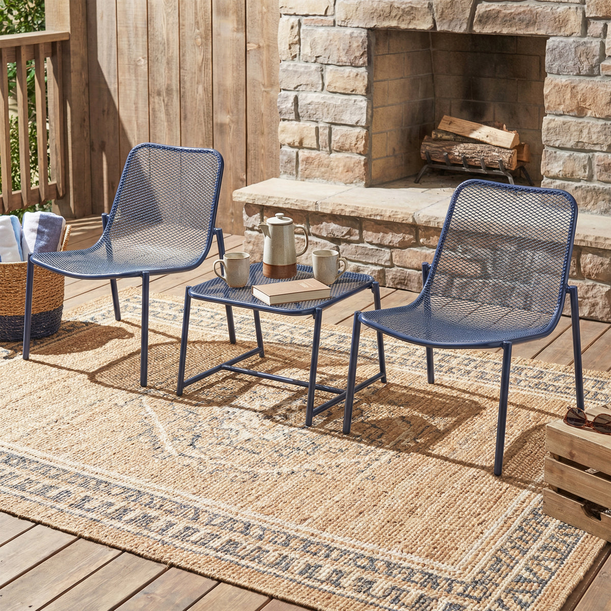 Kincaid Outdoor 3-Piece Conversation Set with IRON Frame - 2 Mesh Chairs & 1 Side Table, Matter Navy Blue