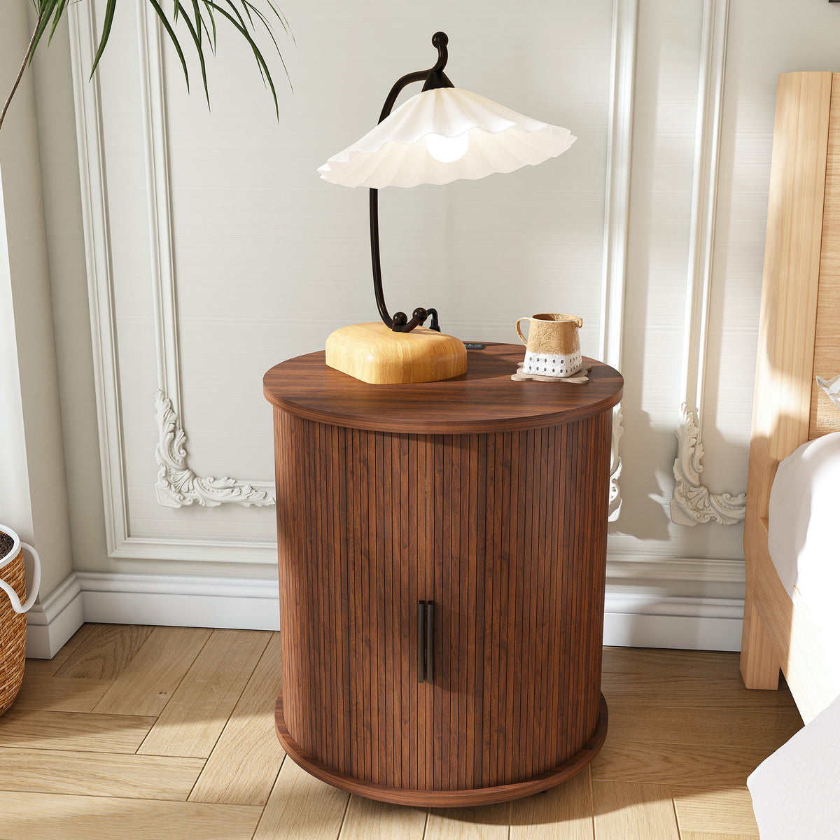 Mid Century Modern Cylinder End Table with Built-in Charging Station & Sliding Door, 2-Tier Storage Round Nightstand with USB Ports, Walnut Bedside Table for Living Room, Bedroom, Entryway