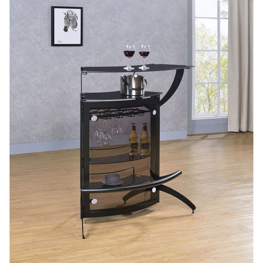 Elaina Black 2-Shelf Home Bar with Tempered Glass and Acrylic Panels, Black Metal Frame, 41.5H x 33.5W x 21D