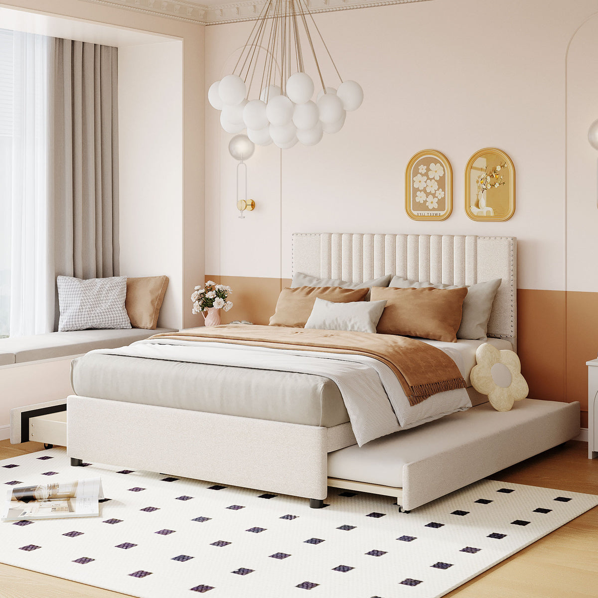 Full Size Upholstered Platform Bed with 2 Drawers and 1 Twin Size Trundle, Classic Headboard Design, Beige