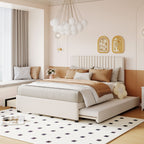 Full Size Upholstered Platform Bed with 2 Drawers and 1 Twin Size Trundle, Classic Headboard Design, Beige