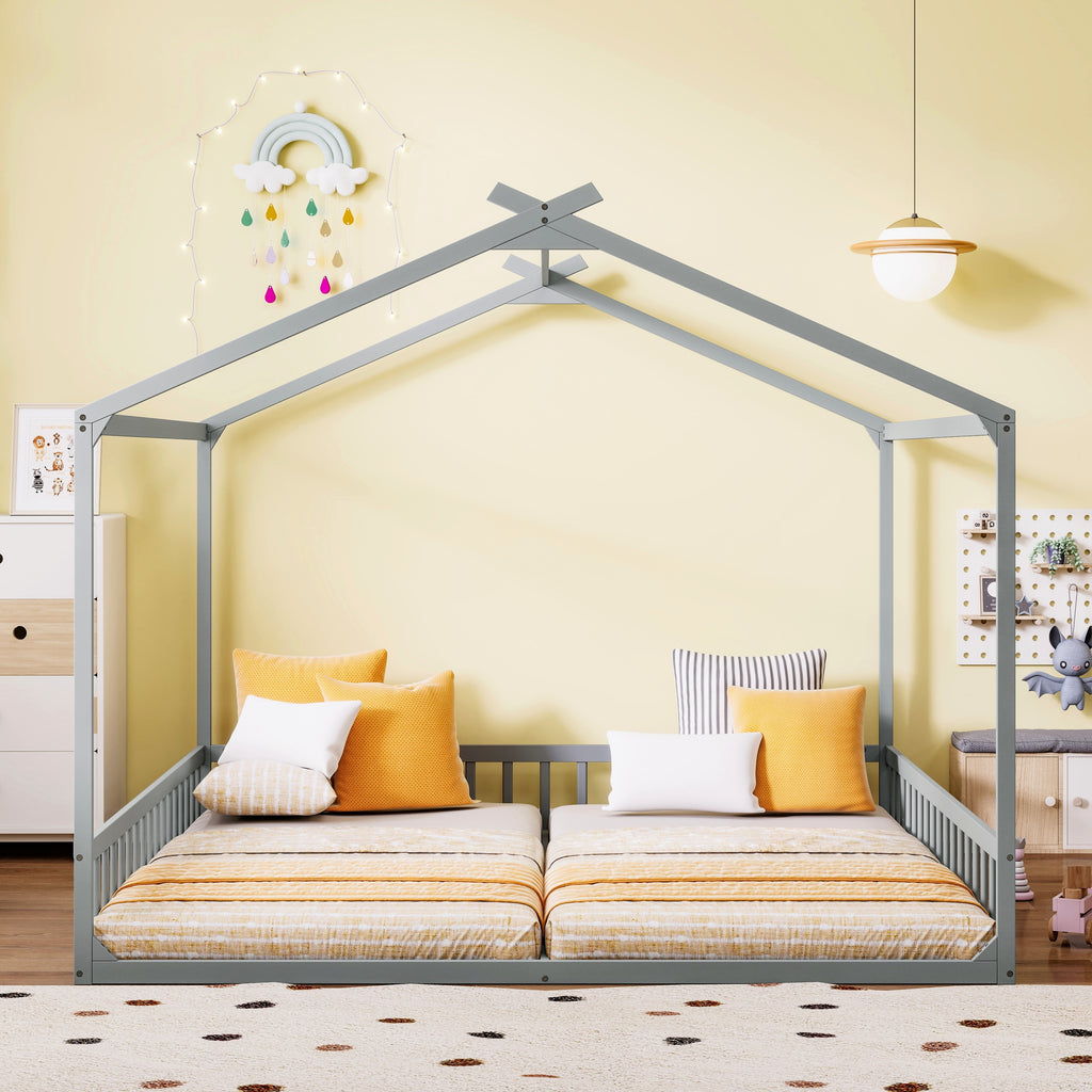 Double Twin House-Shaped Floor Bed with Safety Guardrails, without door, Grey
