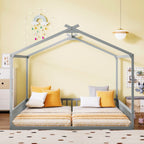 Double Twin House-Shaped Floor Bed with Safety Guardrails, without door, Grey