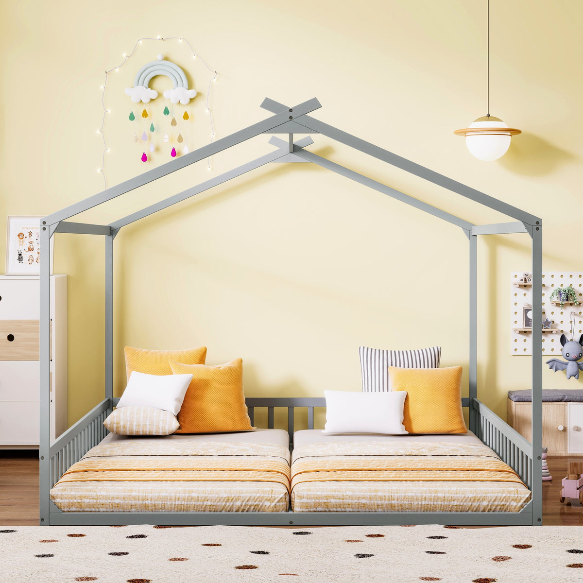 Double Twin House-Shaped Floor Bed with Safety Guardrails, without door, Grey