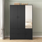 4 Doors Wardrobe Closet with Mirror, LED Wardrobe with Doors and 2 Drawers, Wooden Wardrobe Storage Cabinet with Hanging Rod, Adjustable Shelves, Black