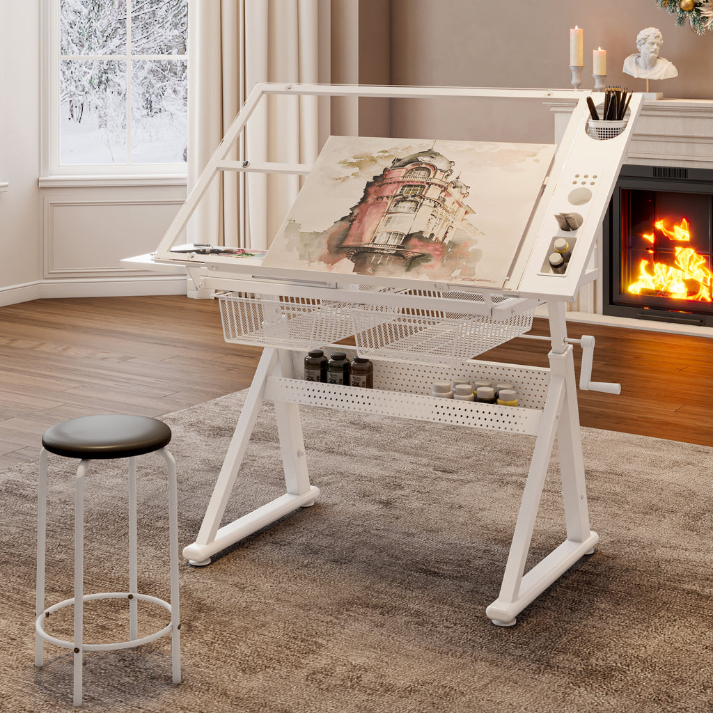 Hand crank adjustable tempered glass  drafting drawing and printing table with chair and storage space for living room, study, bedroom(white)