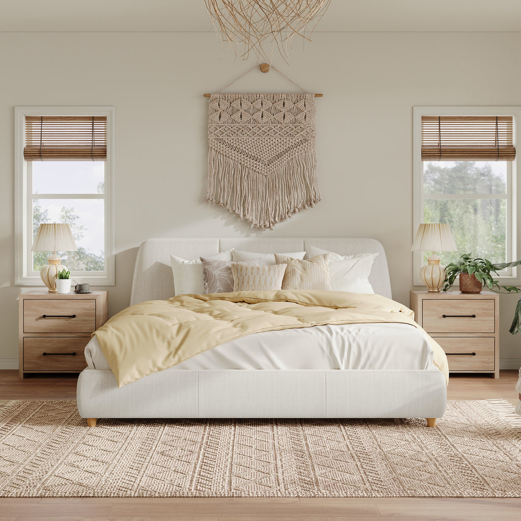 Queen Size Modern Upholstered Bed Frame with Linen Fabric and Solid Wood Legs, White