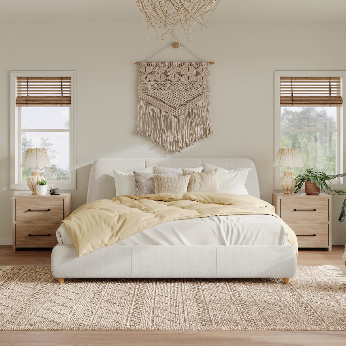Queen Size Modern Upholstered Bed Frame with Linen Fabric and Solid Wood Legs, White
