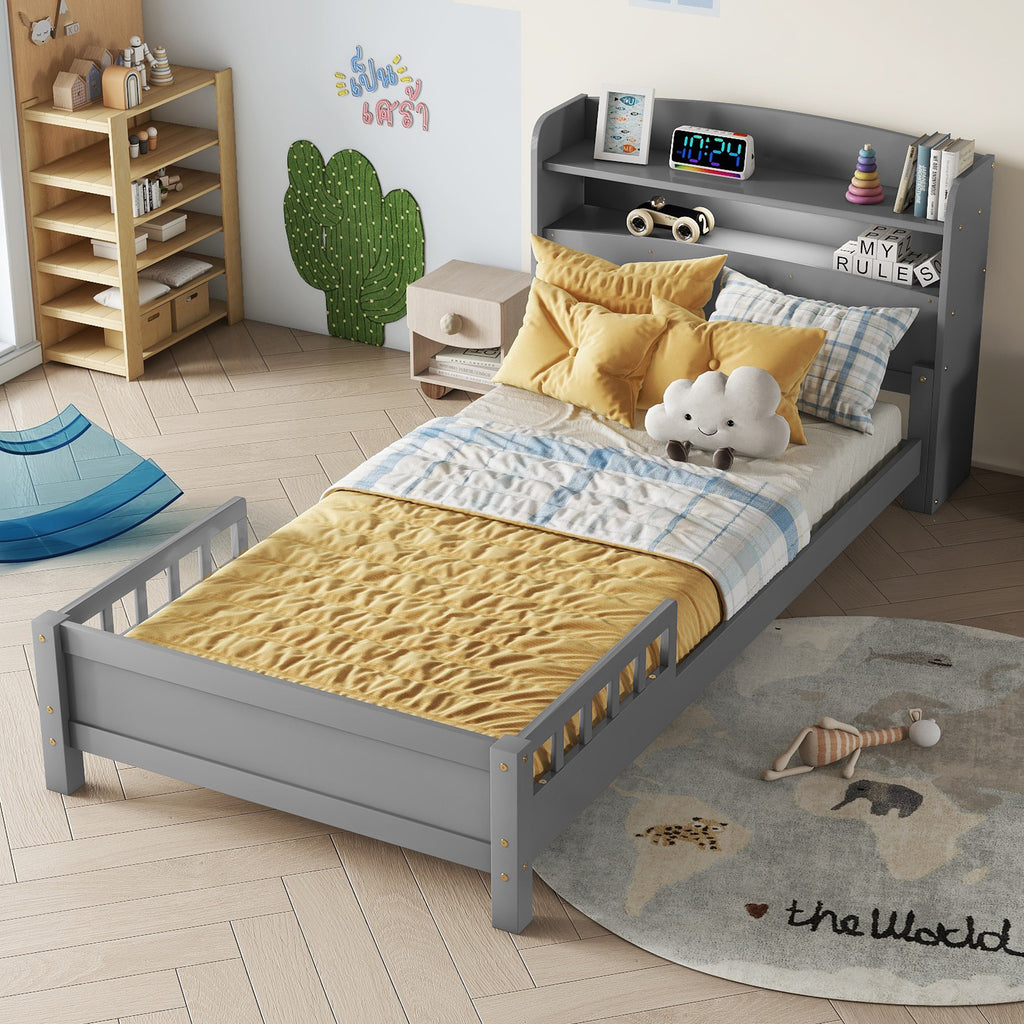 Twin Pine Wood Bed with  Bookcase Headboard ,LED Motion Sensor Light,  Guardrails,Grey