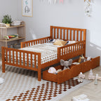 Twin Size Wood Platform Bed with Guardrails on Both Sides and Two Storage Drawers, Walnut