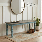 Prato Two-Tone Wood Upholstered Dining Bench, Antique Brown and Distressed Blue