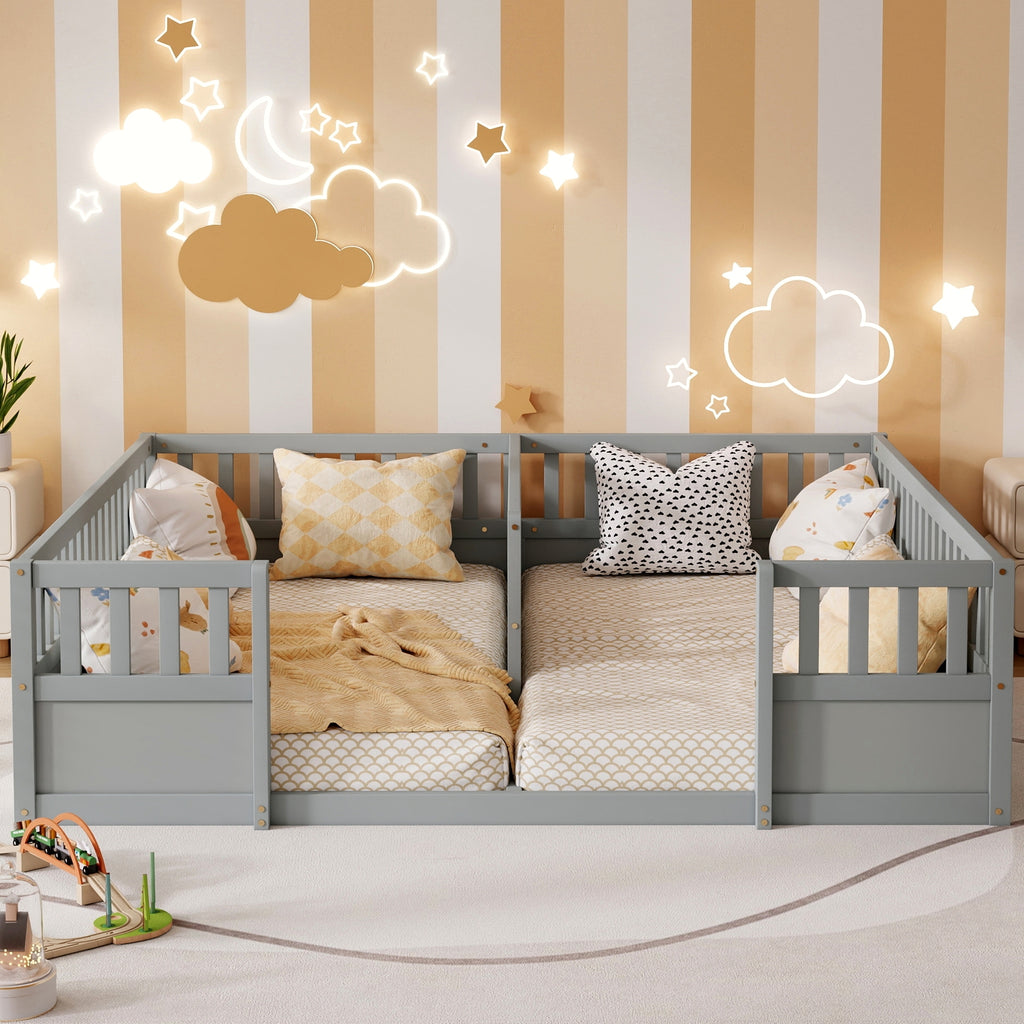Double Pine wood Twin Floor Bed with Semi-Enclosed High Safety Guardrails, Open Entrance,Grey