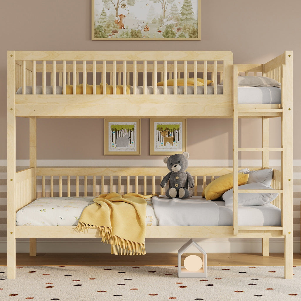 Twin Over Twin Pine Wood Bunk Bed , Convertible into 2 Twin Beds, Twin Over Twin Bunk Bed with Ladder and Safety Guardrails,Natural