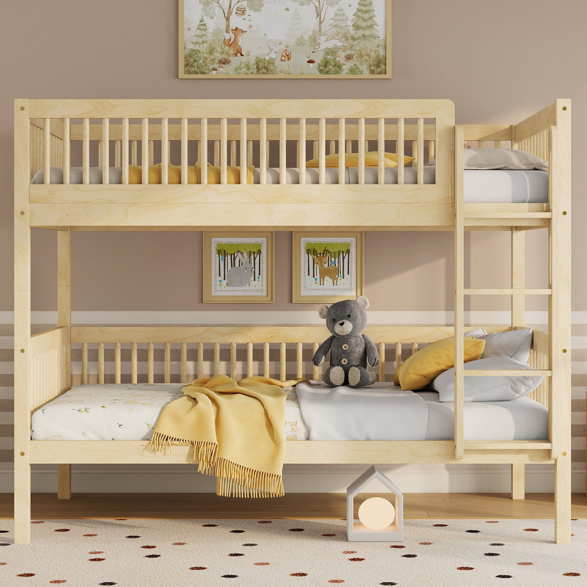 Twin Over Twin Pine Wood Bunk Bed , Convertible into 2 Twin Beds, Twin Over Twin Bunk Bed with Ladder and Safety Guardrails,Natural