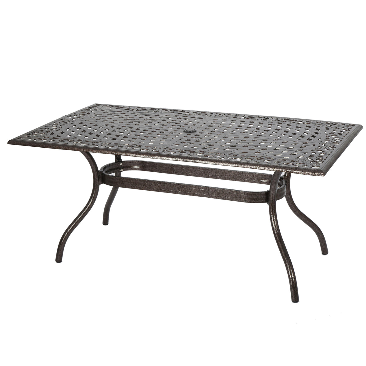 Celestine Outdoor Cast Aluminum Dining Table with Floral Lattice Design and Umbrella Holder, Bronze