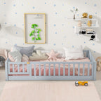 Twin Size Floor Bed with Fence and Door,Rubber Wood Floor Bed with Safety Guardrails,Grey