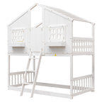 Twin Over Twin House Bunk Bed with Roof, Window, Box, Door, Safety Guardrails and Ladder, White