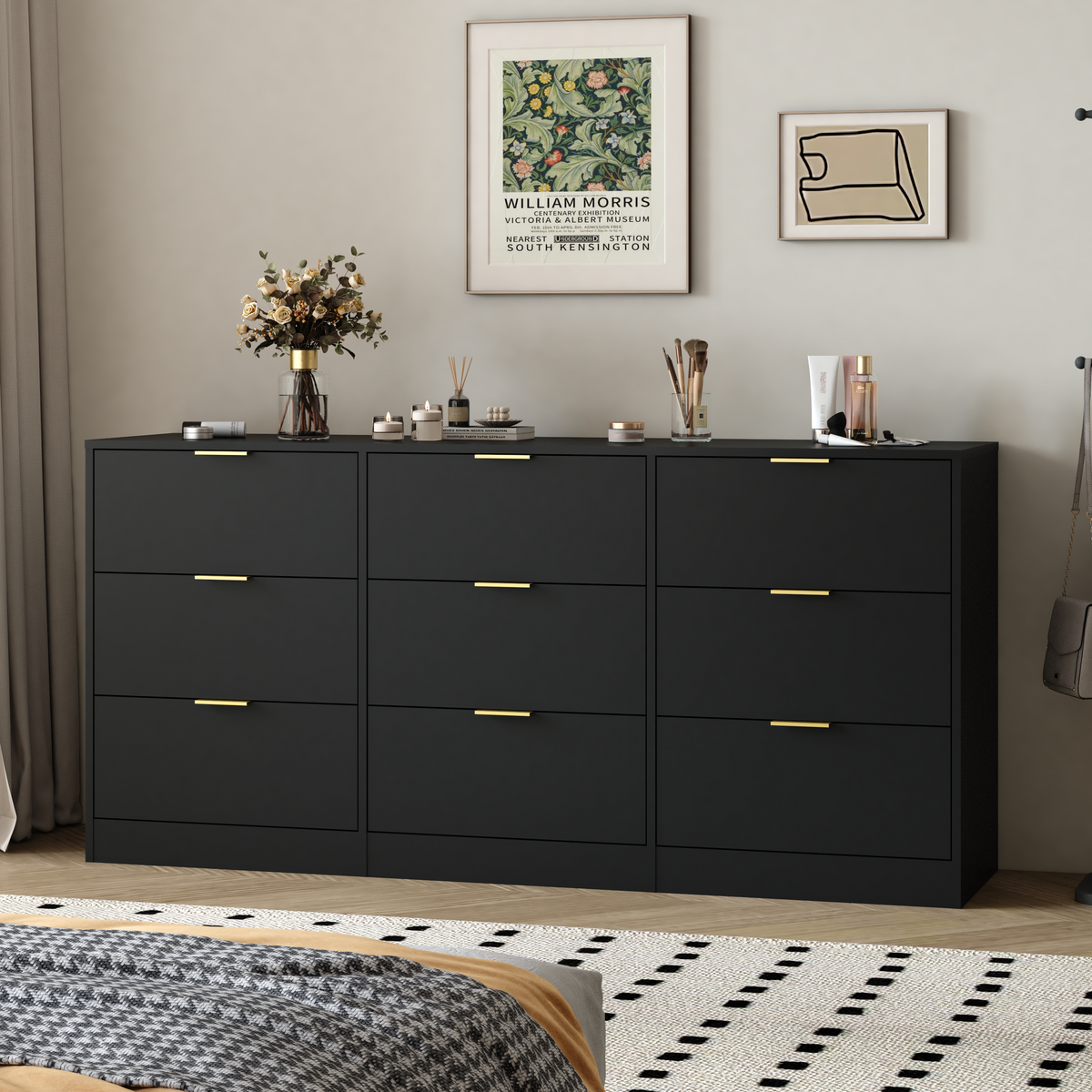 Black 9 Drawer Dresser, 63' Large Deep Chest of Drawers, Wooden Dresser Storage Cabinet with 9 Drawers for Bedroom, Long Dressers for Living Room, Hallway