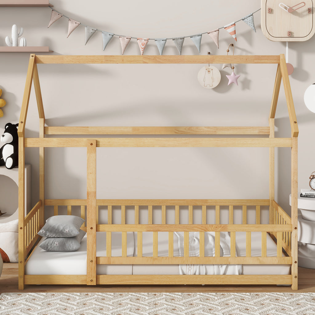 Twin Size House Floor Wooden Bed with Roof Frame,Safety Guardrails,Natural (Old Sku W504P286404)