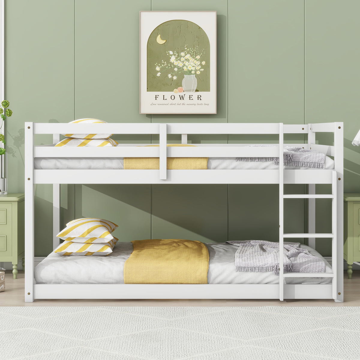 Solid Wooden , Solid Rubber Wooden Twin over Twin Floor Bunk Bed with Ladder ,Upper and Bottom Bed Platforms crafted with Strengthened Slats, White