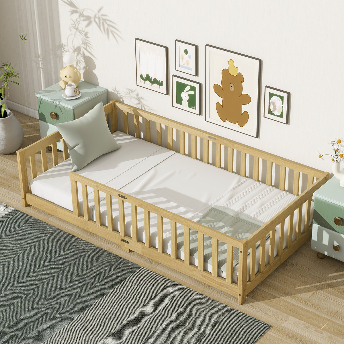 Twin Size Floor Bed with Fence without Door, Rubber Wood Floor Bed with Safety Guardrails,Natural (Old Sku W504P286397)
