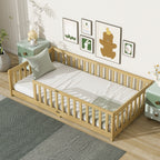 Twin Size Floor Bed with Fence without Door, Rubber Wood Floor Bed with Safety Guardrails,Natural (Old Sku W504P286397)