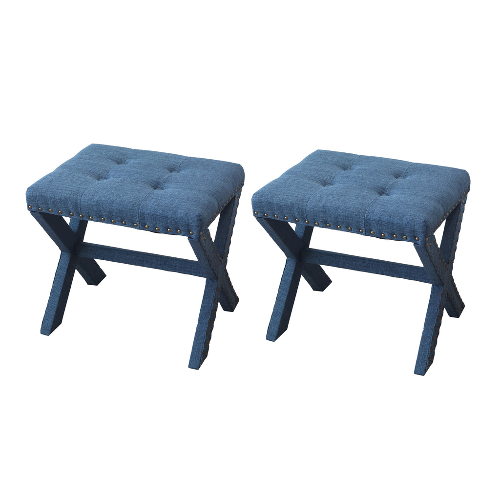 Accent Stool, Tufted Linen Upholstered Chair with X-Base Wood Frame and Nailhead Trim, Blue, Polyester and Solid Wood, 17'D x 19'W x 17'H